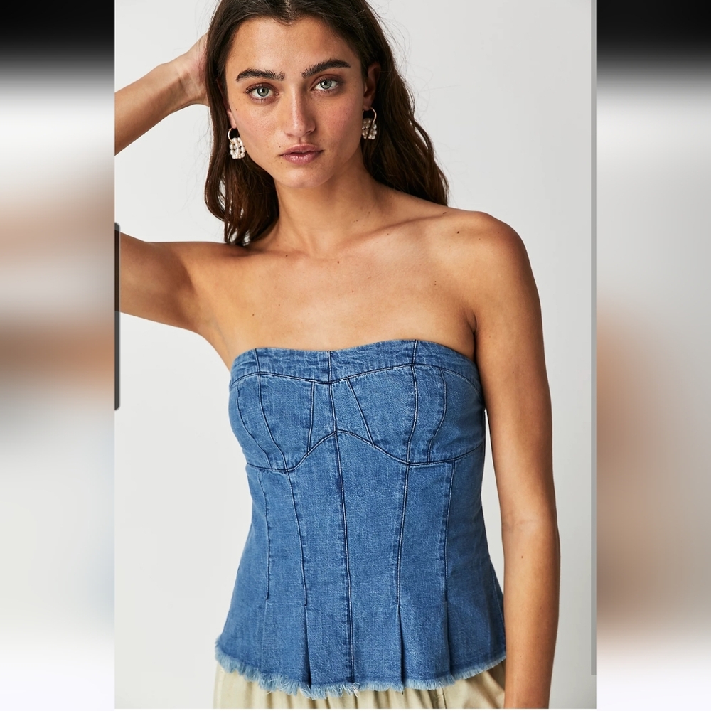 Free People Better Days Tube Top Corset Blue Denim with Frayed Hem Medium M